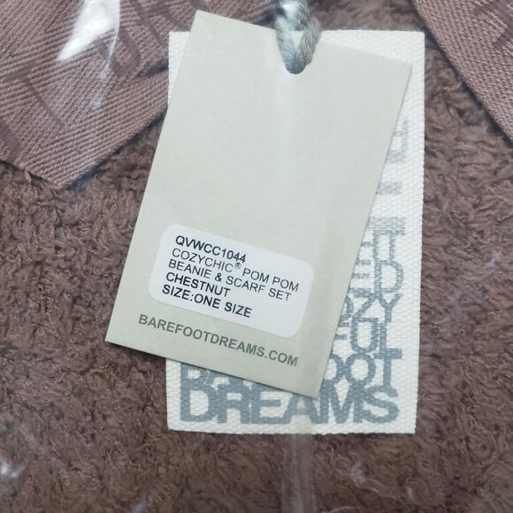 Barefoot Dreams CozyChic Pom Pom Beanie & Scarf Set Chestnut OS Warm Winter Wear - Picture 10 of 12